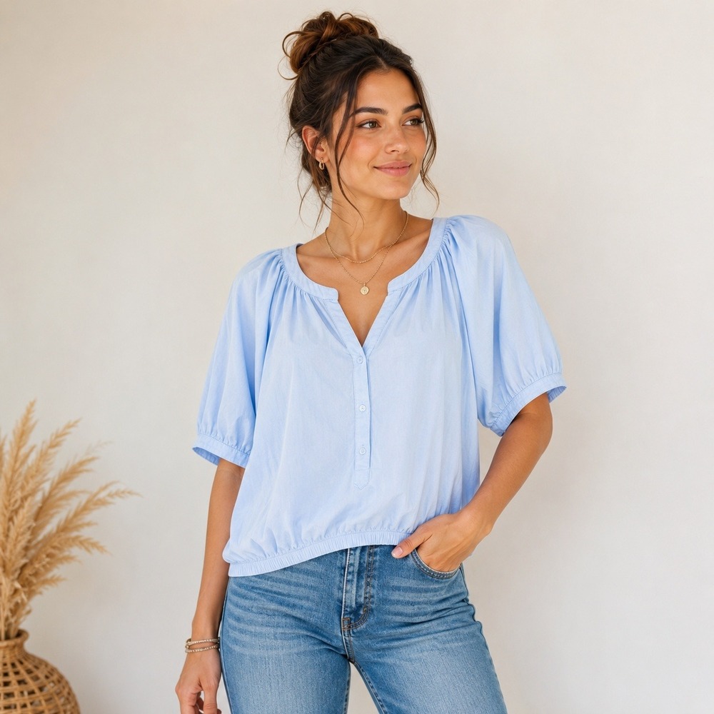 Aerie Puff Sleeve Pullover Split Neck Peasant Cropped Top Blue Size M